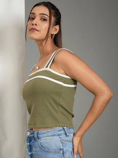 Women Square Neck Ribbed Top with Contrast Straps