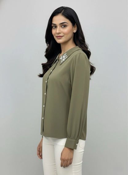 WineRed Women Olive Collared Shirt with Contrast Embriodery