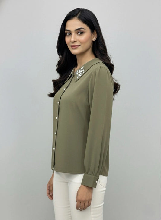 WineRed Women Olive Collared Shirt with Contrast Embriodery