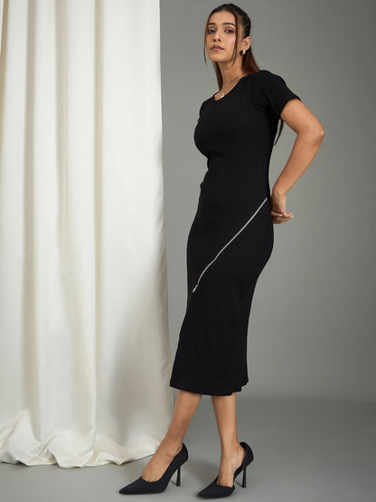 Black Ribbed Zipper Detailed Midi Dress