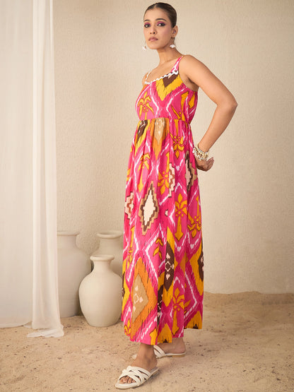 Women Pink Geometric Print Cotton Flared Strappy Dress