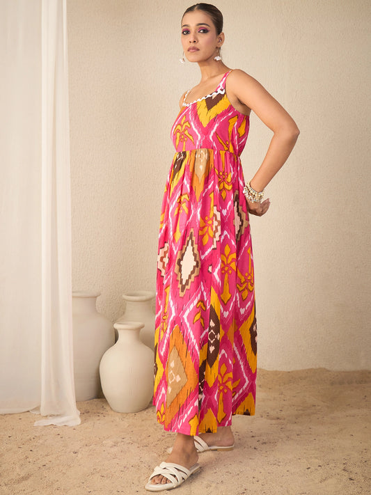 Women Pink Geometric Print Cotton Flared Strappy Dress