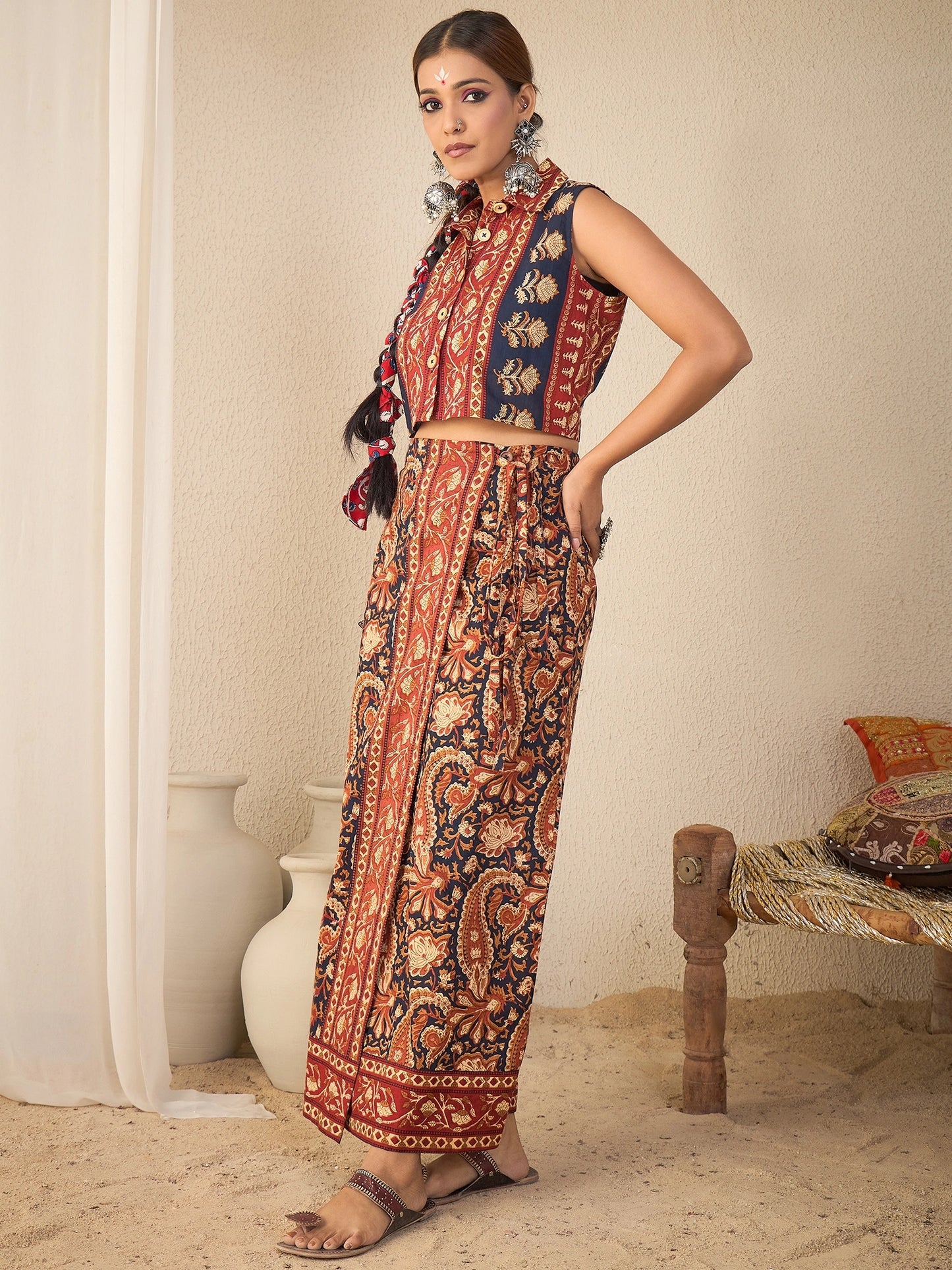 Women's Ethnic Printed Sleeveless Crop Shirt & Tie-Up Wrap Skirt Set