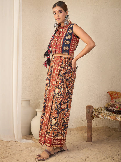 Women's Ethnic Printed Sleeveless Crop Shirt & Tie-Up Wrap Skirt Set