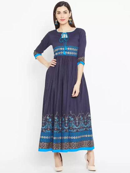 winered-blue-flared-cotton-blend-block-print-kurta