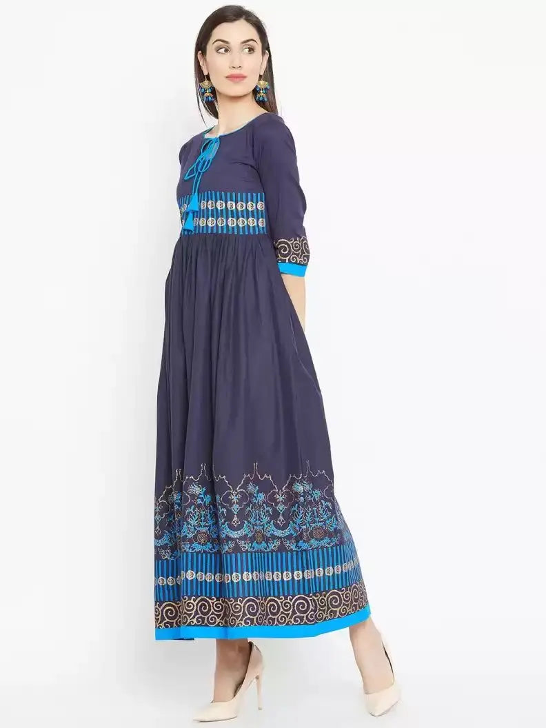 winered-blue-flared-cotton-blend-block-print-kurta