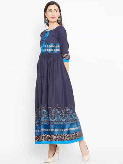 winered-blue-flared-cotton-blend-block-print-kurta