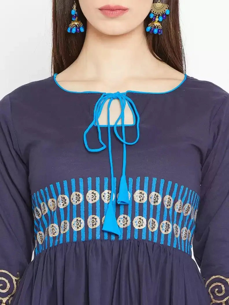 winered-blue-flared-cotton-blend-block-print-kurta