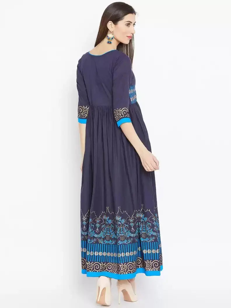 winered-blue-flared-cotton-blend-block-print-kurta