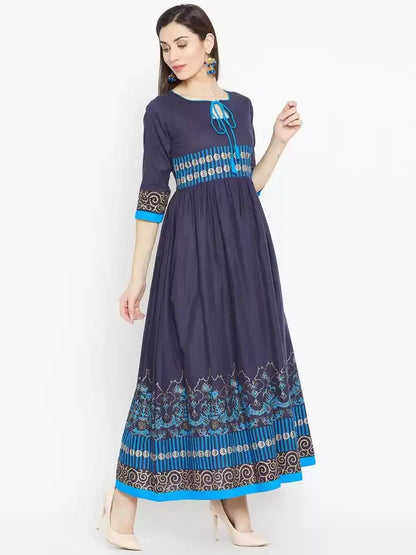 winered-blue-flared-cotton-blend-block-print-kurta