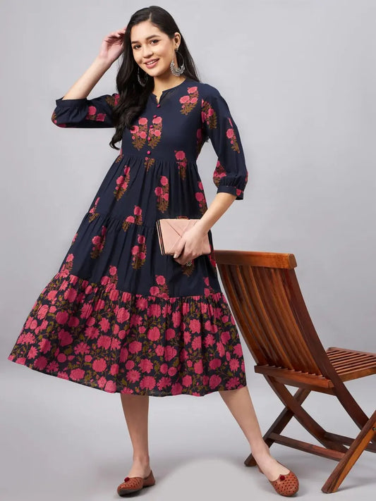 winered-blue-printed-tiered-dress-with-button-at-yoke