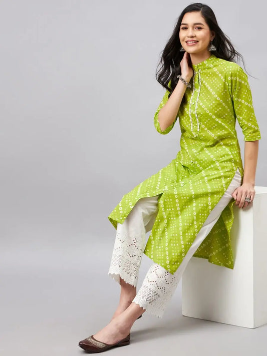 winered-women-green-printed-band-collar-front-slit-kurta