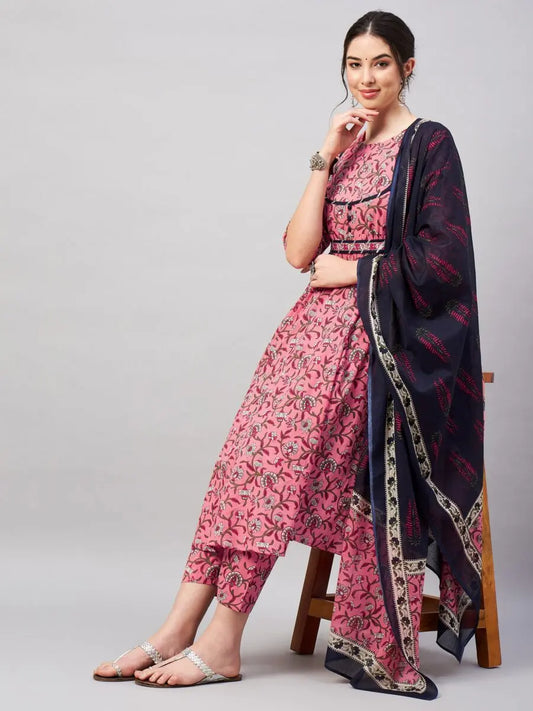 winered-woman-pink-floral-print-with-contrast-belt-flared-kurta-dupatta-set