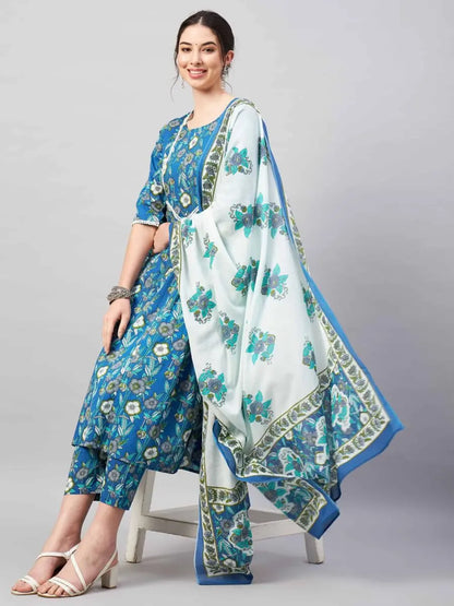 winered-women-blue-floral-print-flared-kurta-dupatta-set