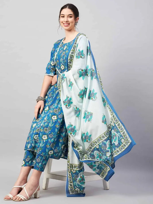 winered-women-blue-floral-print-flared-kurta-dupatta-set
