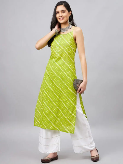 winered-women-green-bhandhej-print-strap-kurta-with-gota