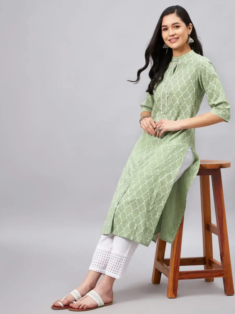 winered-women-green-printed-band-collar-front-slit-kurta-2