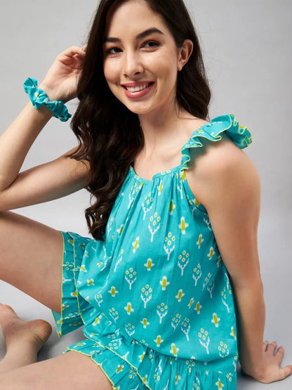 winered-woman-light-blue-with-frill-shorts-night-suit-set