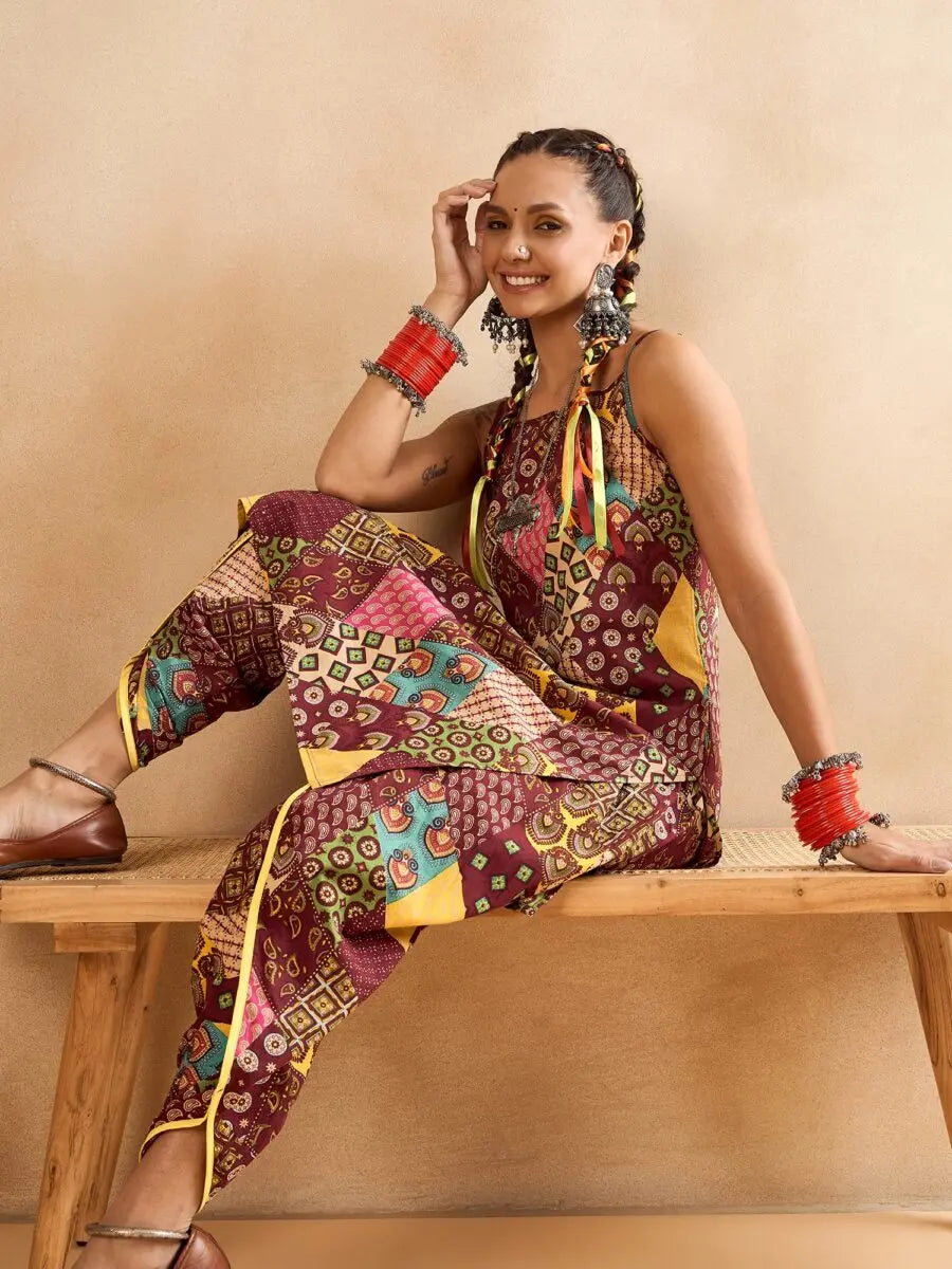 winered-woman-maroon-print-strap-kurta-dhoti-co-ord-set