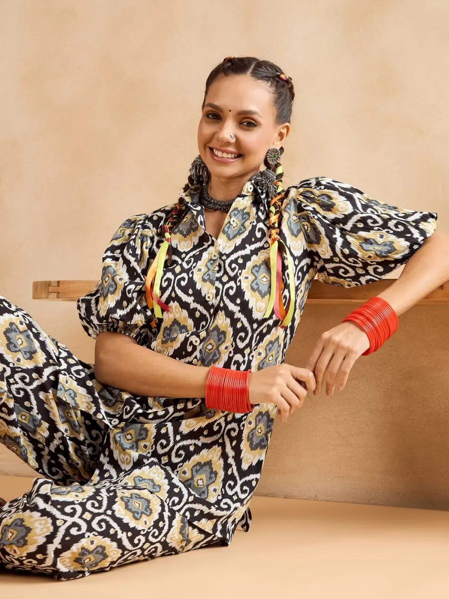 winered-woman-black-geometric-print-front-opening-co-ord-set