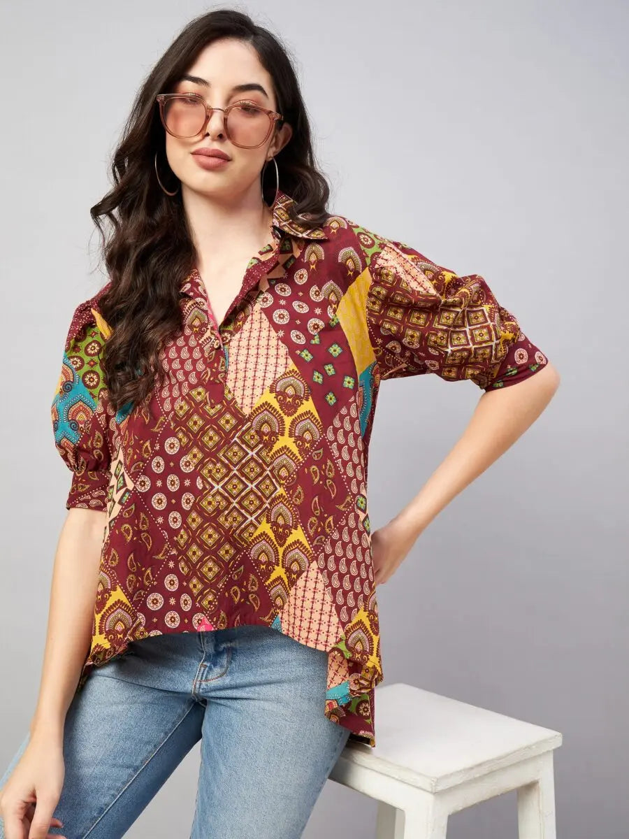 winered-woman-multi-color-printed-high-low-top