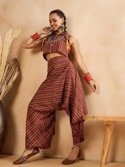 winered-woman-striped-print-crop-shirt-and-harem-pant-co-ord-set