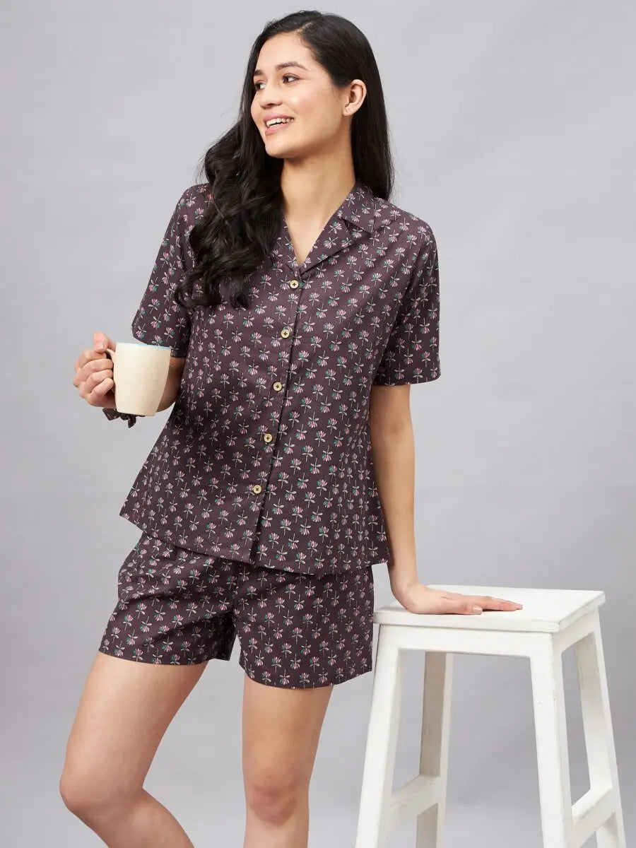 winered-woman-brown-lotus-print-with-shorts-night-suit-set