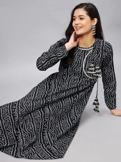 winered-women-black-bandhej-flared-angrakha-kurta