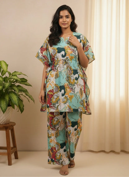 WineRed Women Multicolor Floral Print Kaftan Night-Suit Set