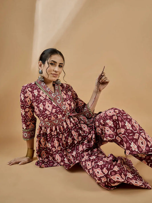 winered-women-rust-shawl-collar-waist-tie-up-co-ord-set