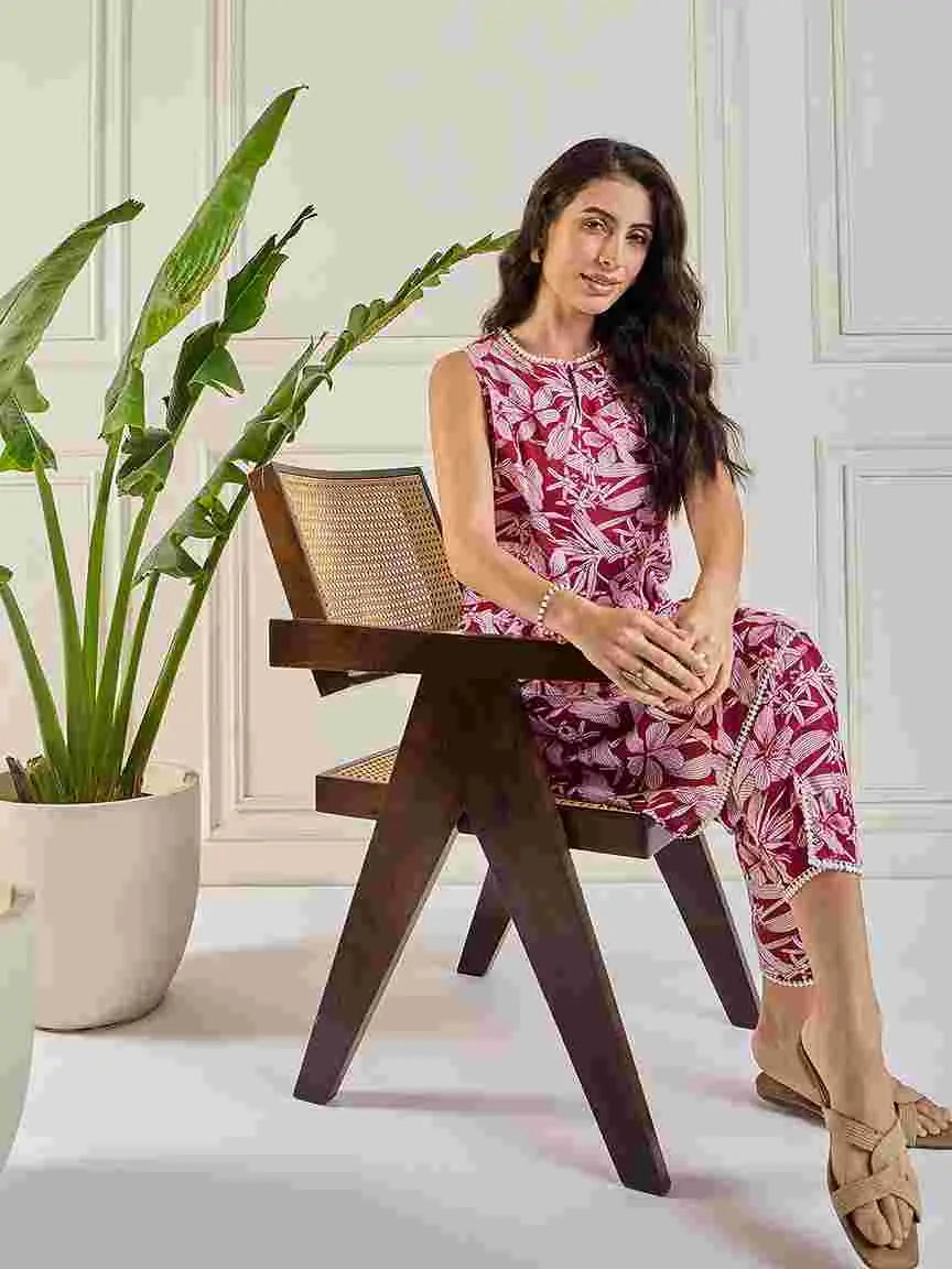 maroon-lace-detailing-stitched-godet-tunic-co-ord-set-for-women