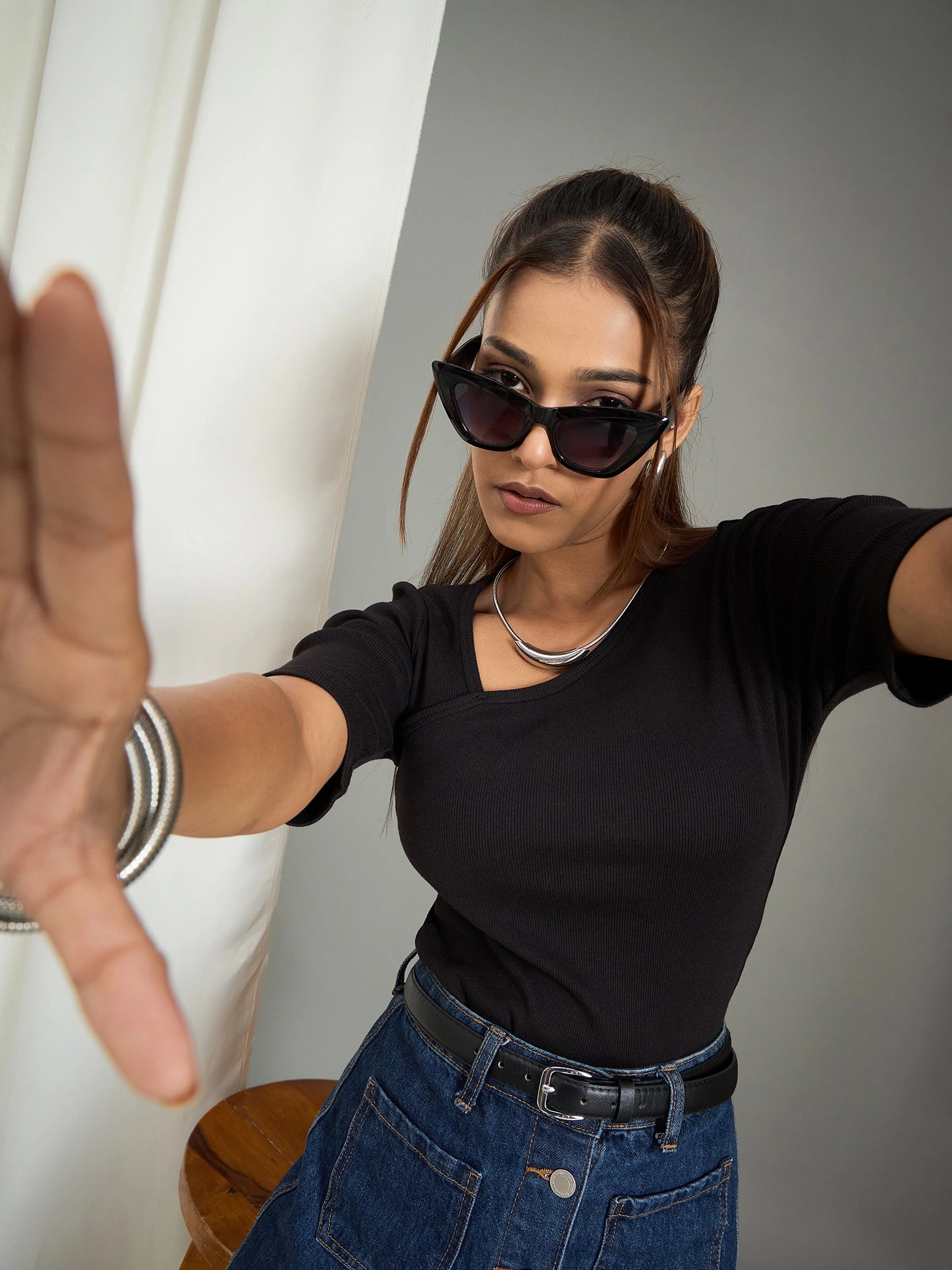 Women Black Asymmetrical Neck Ribbed Top