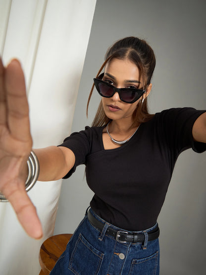 Women Black Asymmetrical Neck Ribbed Top