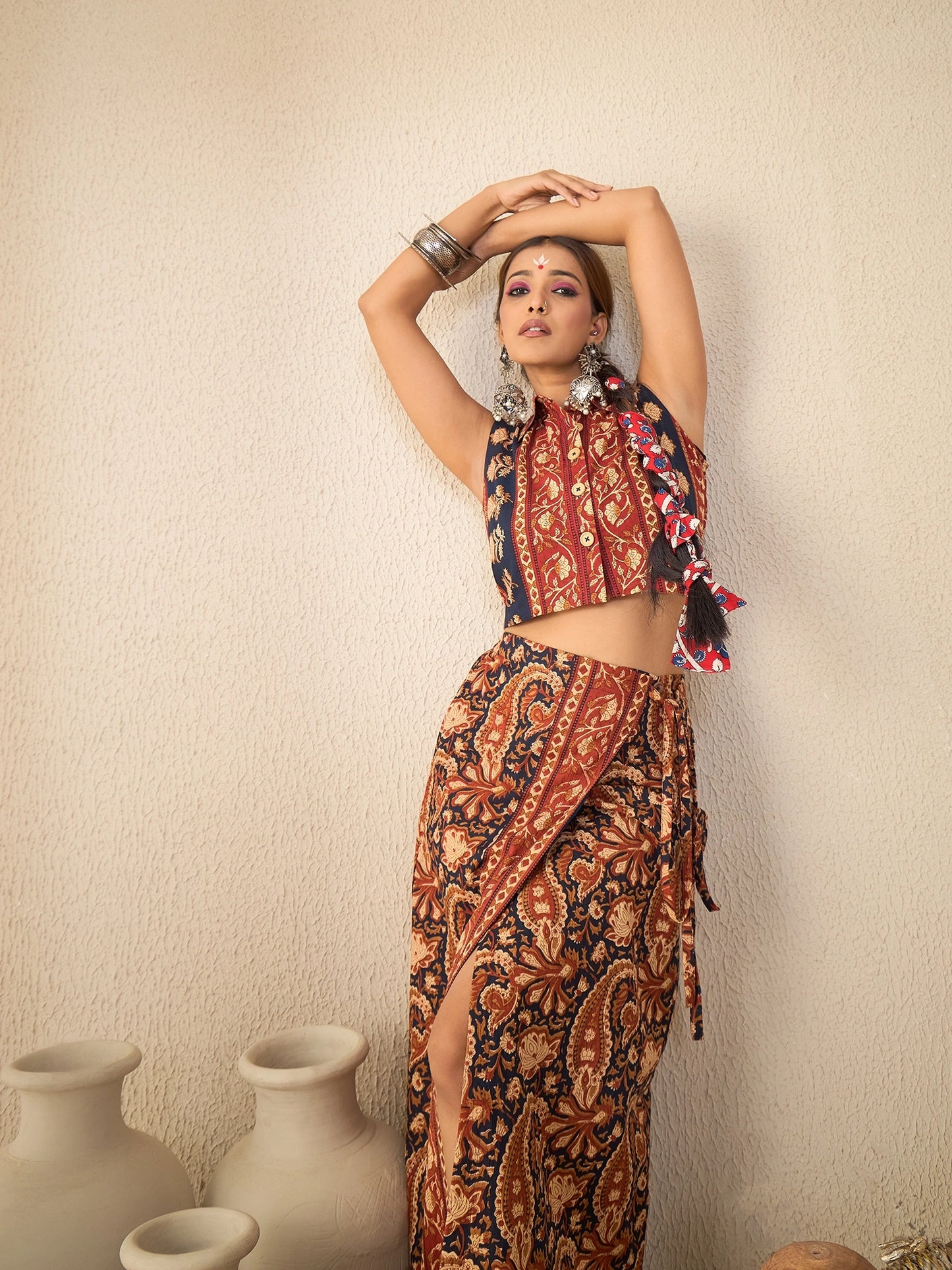 Women's Ethnic Printed Sleeveless Crop Shirt & Tie-Up Wrap Skirt Set