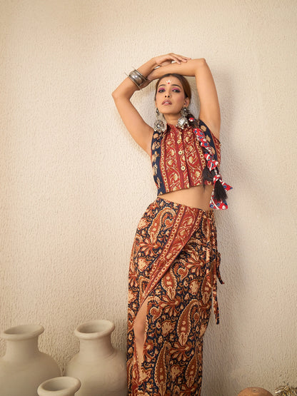 Women's Ethnic Printed Sleeveless Crop Shirt & Tie-Up Wrap Skirt Set