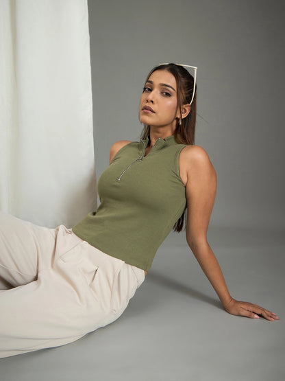 Women's Olive Ribbed Sleeveless Top
