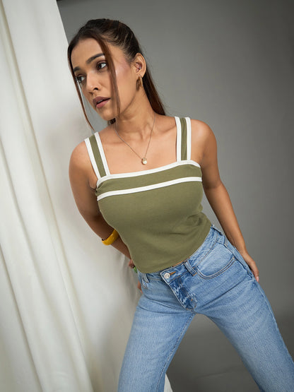 Women Square Neck Ribbed Top with Contrast Straps