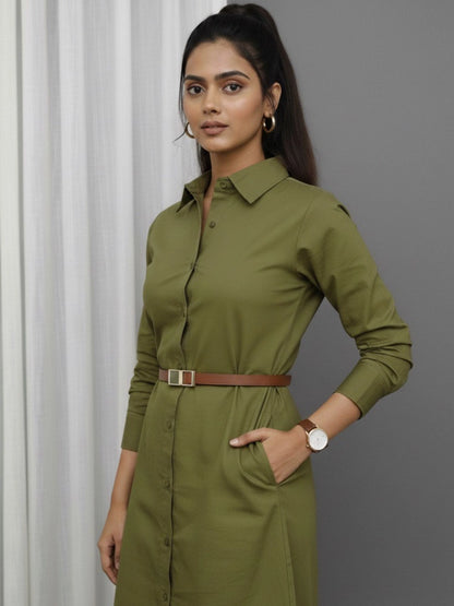 Women Green Side Silt Shirt Dress