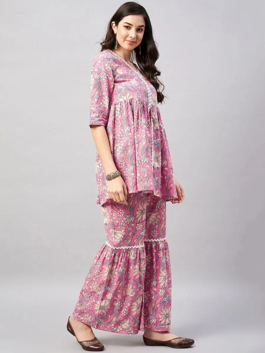 winered-woman-pink-floral-print-lace-detailing-sharara-set