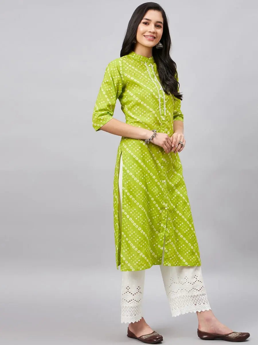 winered-women-green-printed-band-collar-front-slit-kurta