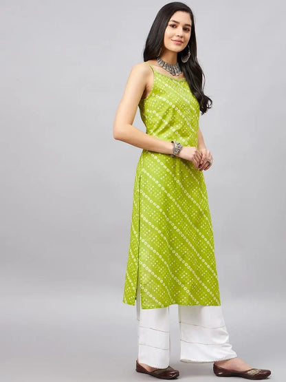 winered-women-green-bhandhej-print-strap-kurta-with-gota