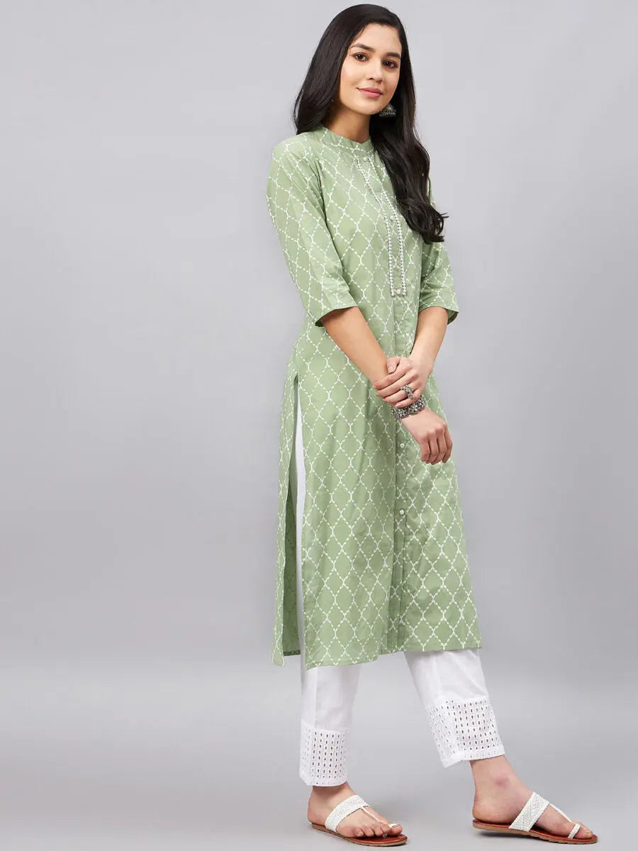 winered-women-green-printed-band-collar-front-slit-kurta-2