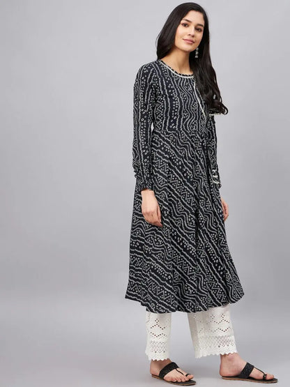 winered-women-black-bandhej-flared-angrakha-kurta