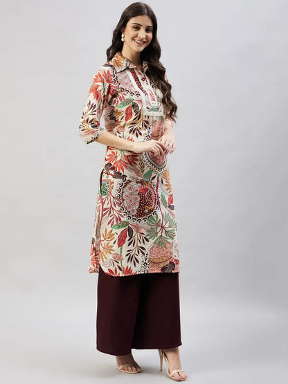 winered-women-beige-peacock-print-embroidered-neck-kurta