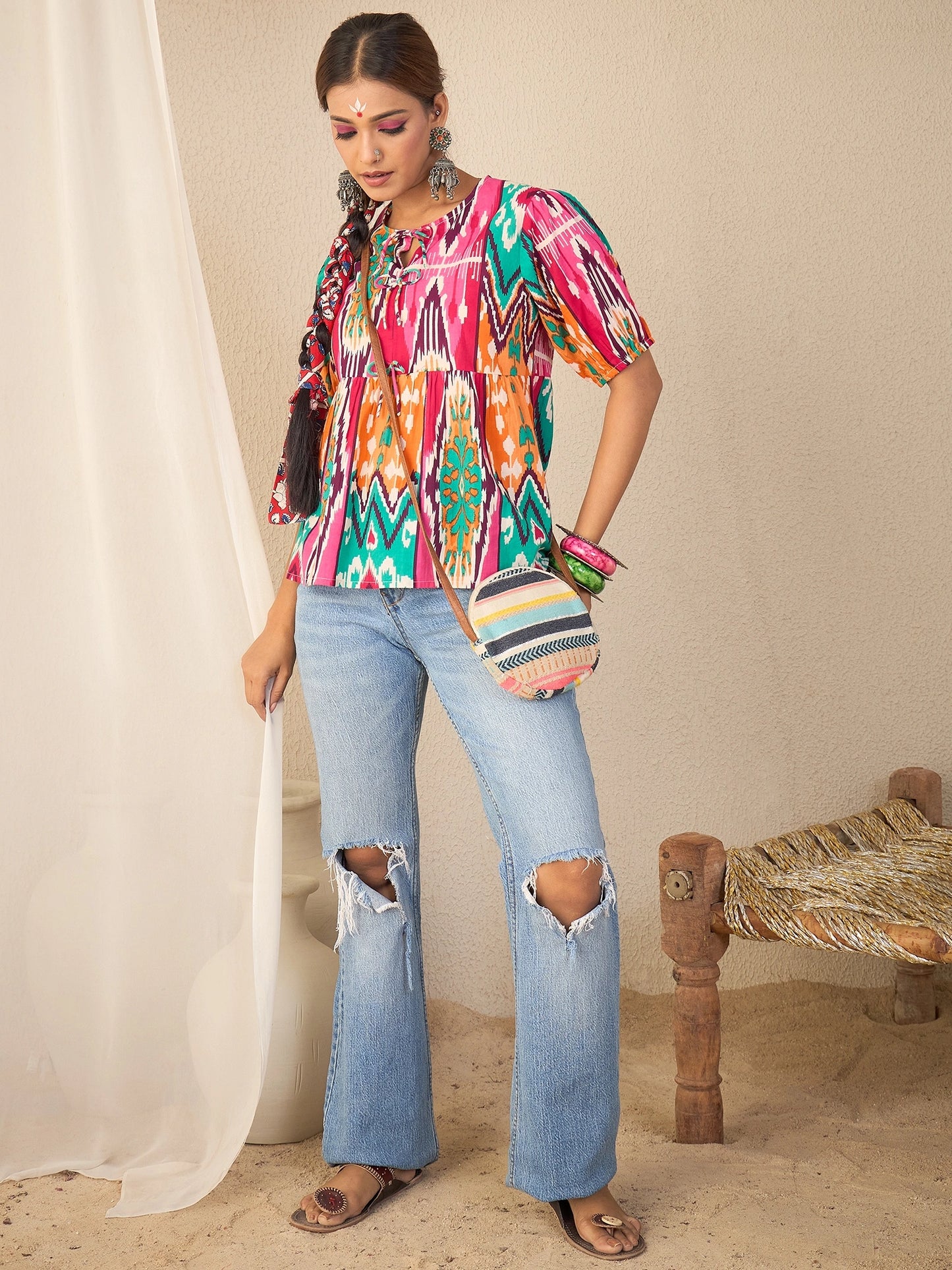 Women Cotton Bow Detailed Peplum Top