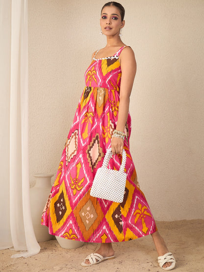 Women Pink Geometric Print Cotton Flared Strappy Dress