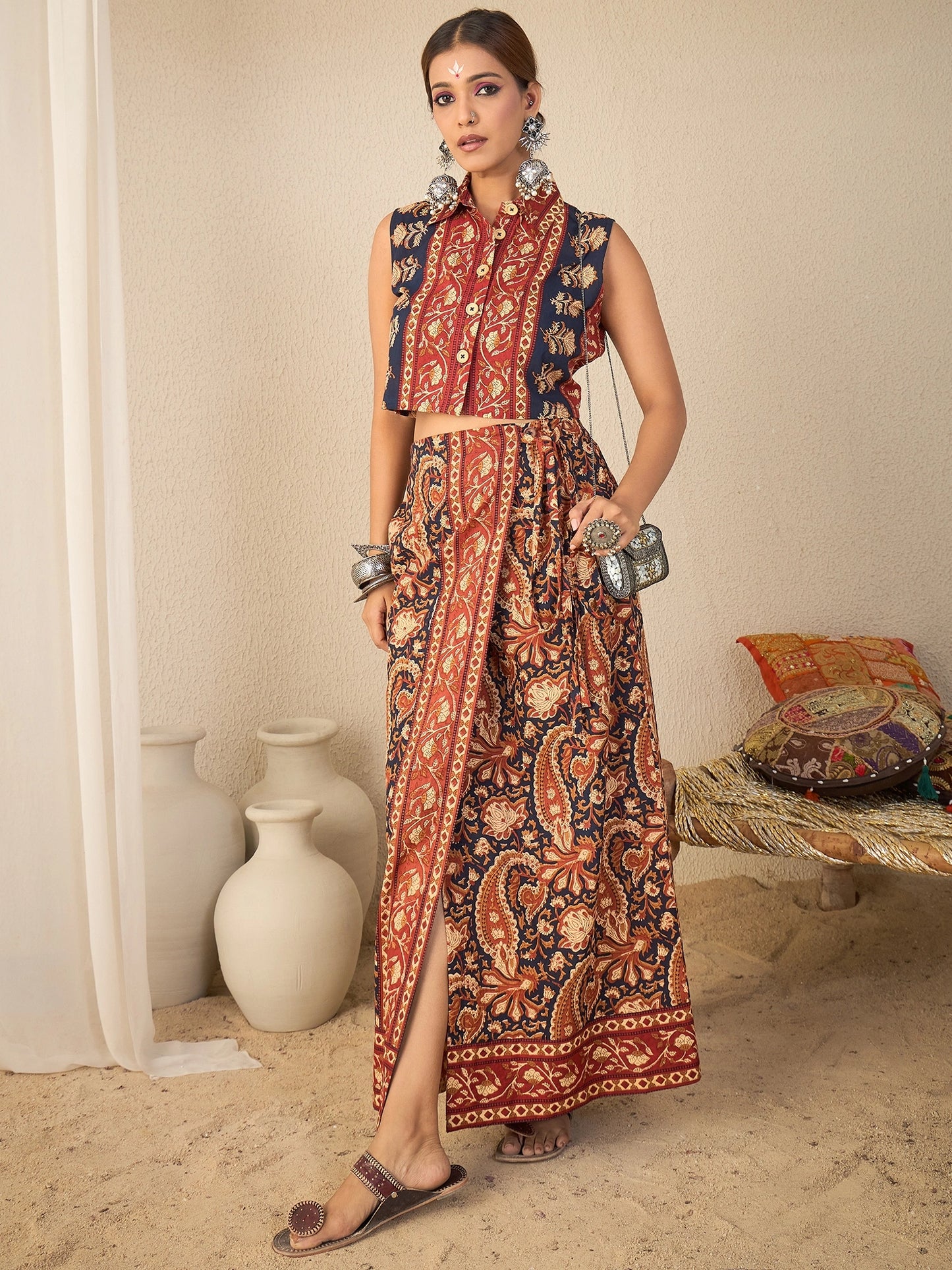 Women's Ethnic Printed Sleeveless Crop Shirt & Tie-Up Wrap Skirt Set