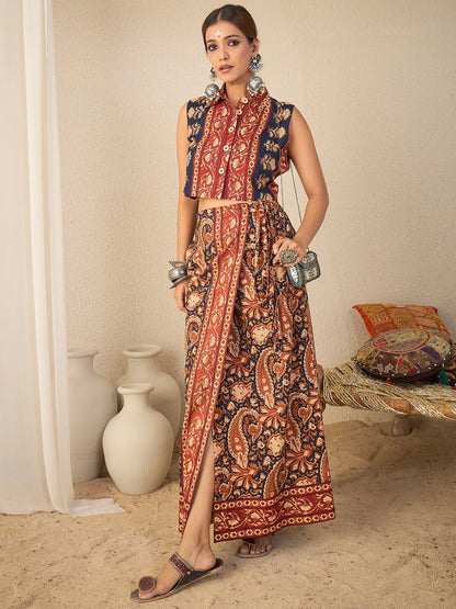Women's Ethnic Printed Sleeveless Crop Shirt & Tie-Up Wrap Skirt Set