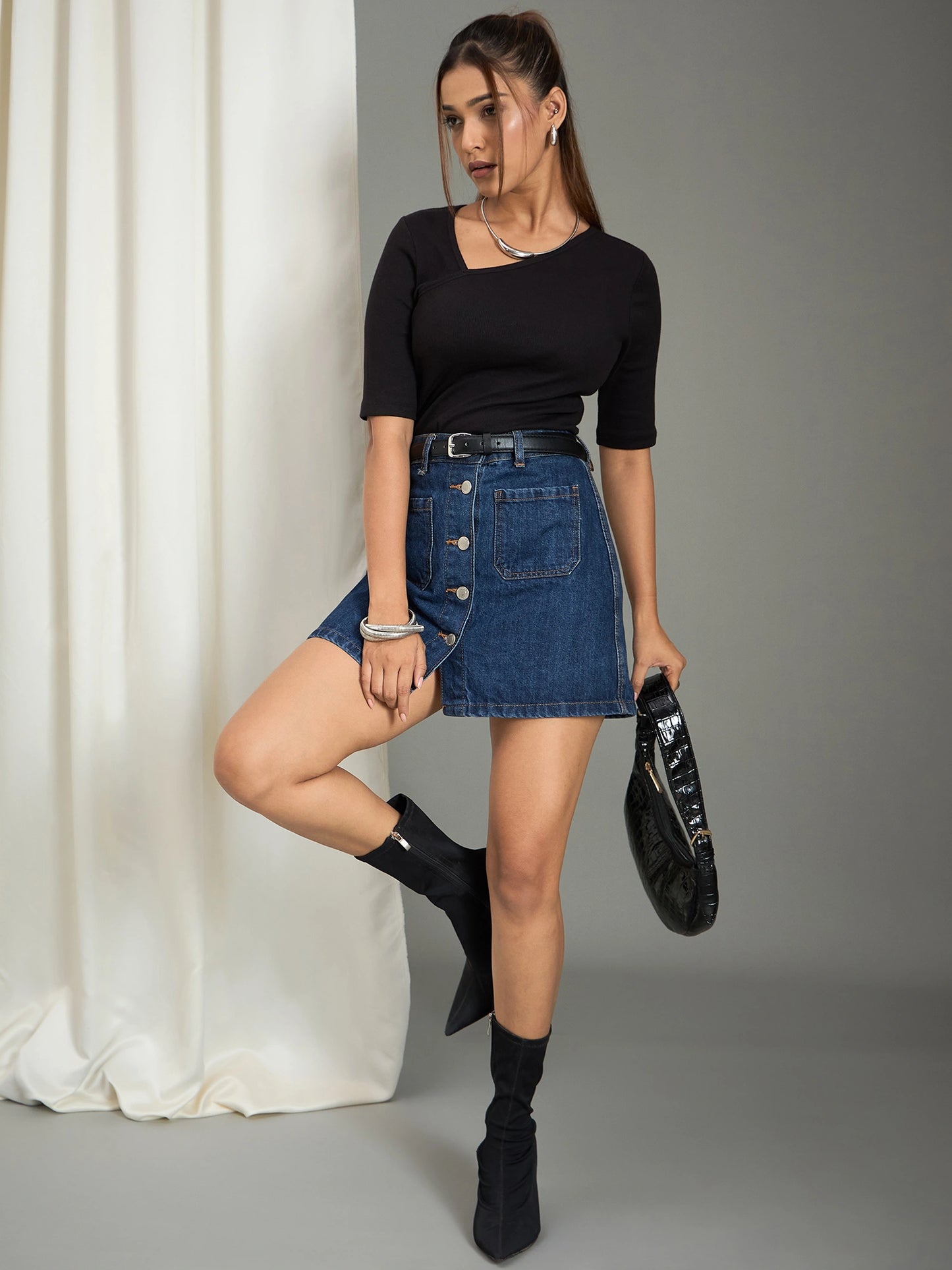 Women Black Asymmetrical Neck Ribbed Top