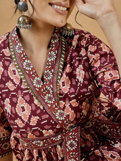 winered-women-rust-shawl-collar-waist-tie-up-co-ord-set